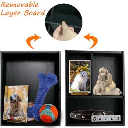 Solid Wood Pet Memorial Shadow Box Frame with Shelves | Deep Pet Memory Box for Dogs or Cats Paw print 4x6" Photo Frame Keepsake as Loss Remembrance-Black