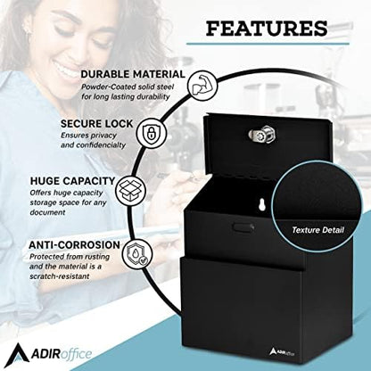 Adir Suggestion Box with Slot and Lock with 25 Comment Cards and Label Stickers, Black