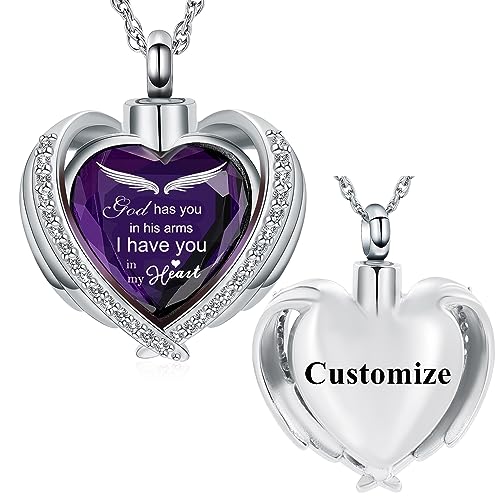 shajwo Angel Wing Heart Urn Ashes Necklace for Women Men | Cremation Jewelry,Birthstone Necklace of Loved One,Memorial Pendant for Human Pet - color: Customize
