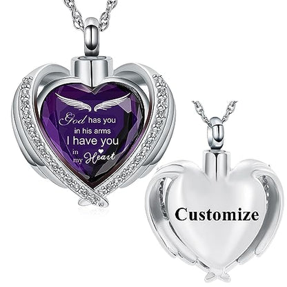 shajwo Angel Wing Heart Urn Ashes Necklace for Women Men | Cremation Jewelry,Birthstone Necklace of Loved One,Memorial Pendant for Human Pet - color: Customize