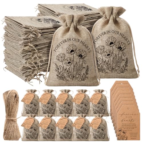 Tanlade 50 Sets Funeral Favor Burlap Bag, Tag and Twine, No Seed, Poppy - style: Poppy
