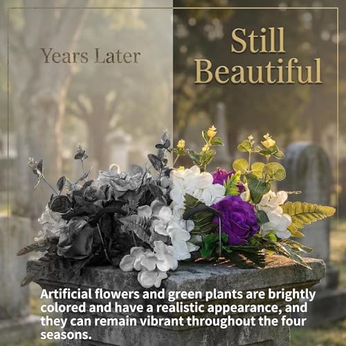 Purple Headstone Flower Saddle,Cemetery Artificial Flowers for Grave Decor