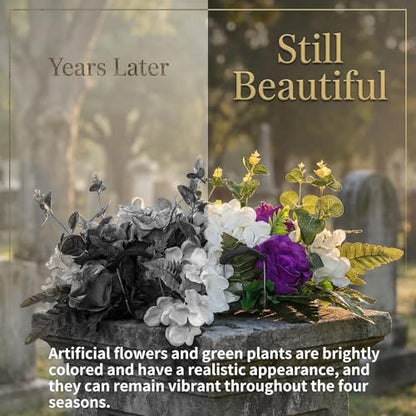 Purple Headstone Flower Saddle,Cemetery Artificial Flowers for Grave Decor