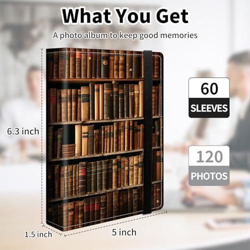 Photo Album 4x6 120 Pockets Photos with Elastic Band, PU Leather Photo Books Small Mini Capacity Picture Album for Family Wedding Travel Anniversary Baby Vacation Pictures, Library Bookshelf - color: Library Bookshelf