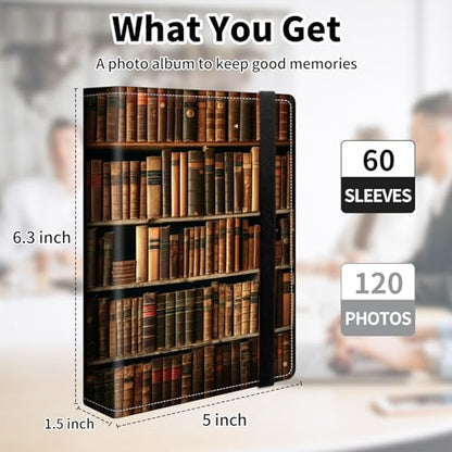Photo Album 4x6 120 Pockets Photos with Elastic Band, PU Leather Photo Books Small Mini Capacity Picture Album for Family Wedding Travel Anniversary Baby Vacation Pictures, Library Bookshelf - color: Library Bookshelf