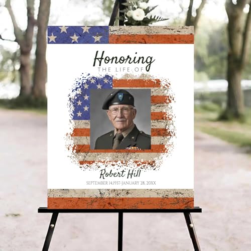 American Flag Celebration of Life Welcome Sign, Funeral Welcome Sign, in Loving Memory Sign, Celebration of Life Funeral Sign, Celebration of Life Sign, Military Memorial Sign with Photo #Ki133 - color: Version #32