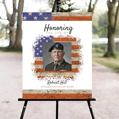American Flag Celebration of Life Welcome Sign, Funeral Welcome Sign, in Loving Memory Sign, Celebration of Life Funeral Sign, Celebration of Life Sign, Veteran Memorial Sign with Photo #Ki1 - color: Version #2