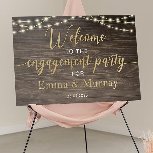 Personalized Rustic Wood Engagement Party Welcome Sign | Personalized Couple Names & Date | String Lights Design | Durable Waterproof PVC Board for Outdoor Indoor Events - color: Design 22