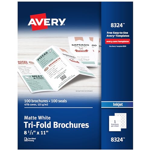 Avery® Printable Tri-Fold Brochures with Mailing Seals, 8.5" x 11", Matte White, 100 Blank Brochure Paper for Inkjet Printers (08324) - size: One Size