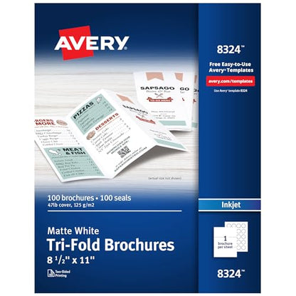 Avery® Printable Tri-Fold Brochures with Mailing Seals, 8.5" x 11", Matte White, 100 Blank Brochure Paper for Inkjet Printers (08324) - size: One Size