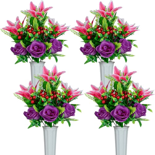 XONOR Artificial Cemetery Flowers for Grave, Set of 4 Artificial Memorial Flowers with Vase for Outdoor Cemetery Headstones Graveyard Gravestone Decoration (Pink&Purple-4Pcs) - color: Pink&purple-4pcs
