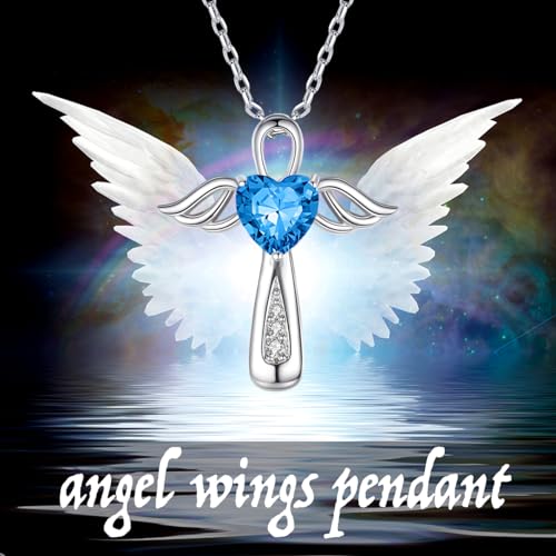 YLT S925 Sterling Silver Cross Angel Wings Necklace for Ashes | Cremation Urn Pendant Birthstone Jewelry Memorial Keepsake Memory Ashes Jewelry Gifts - color: Aquamarine