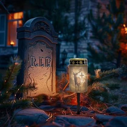 Poceacles Solar Candle Cemetery Solar Lights for Grave LED Garden Flameless Powered Pathway Lights Outdoor Waterproof with Dusk to Dawn Sensor, Brown Deer Cross Pattern - color: Brown - Deer Cross Pattern