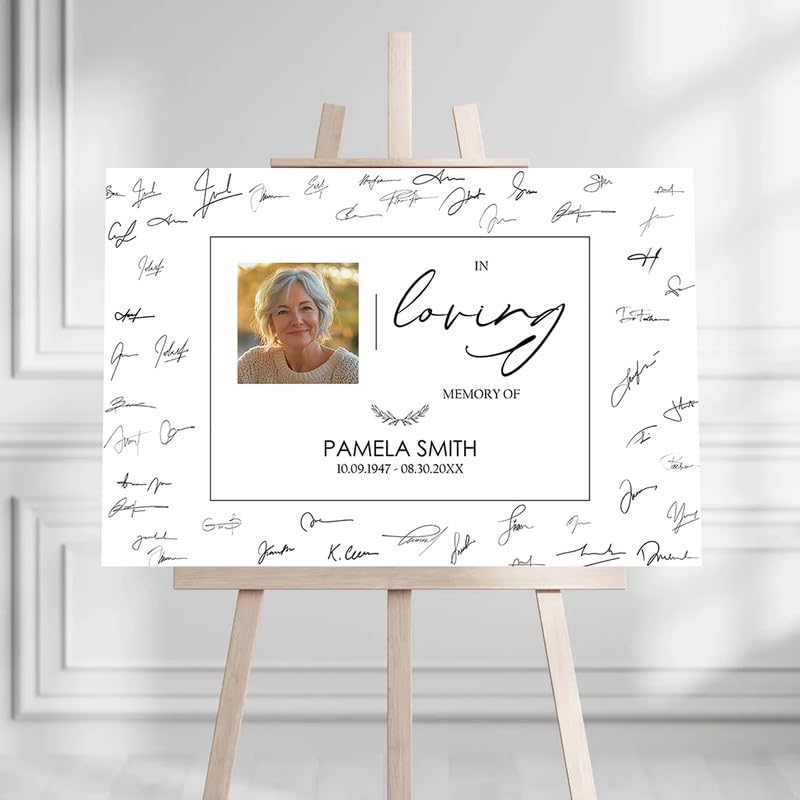 Horizontal "In Loving Memory" Memorial Sign with Script Design - Custom Funeral Remembrance Board|Optional Guest Book Signature Display - color: Design 5