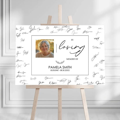 Horizontal "In Loving Memory" Memorial Sign with Script Design - Custom Funeral Remembrance Board|Optional Guest Book Signature Display - color: Design 5