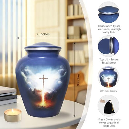 M MEILINXU Cremation Urns for Human Ashes, Grey Blue Cross, Large Adult Urn - color: Grey Blue