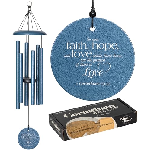 Corinthian Bells 27" Wind Chime – Sky Blue – “Faith, Hope & Love” Engraving from 1 Corinthians 13:13 – Hand-Tuned Inspirational Chime for Weddings, Anniversaries, Housewarmings & Spiritual Gifts