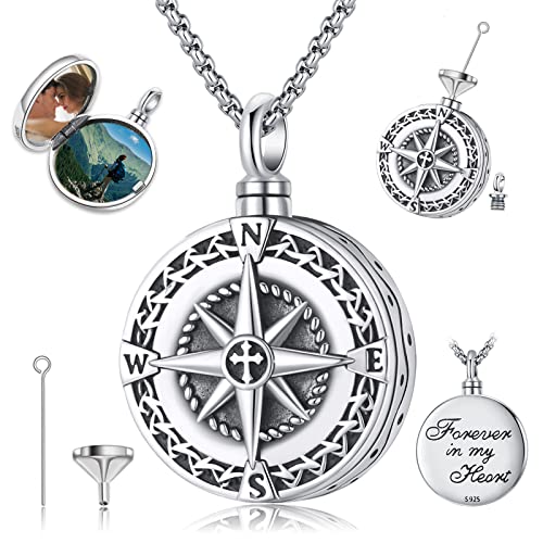 Compass Necklace for Women Men 925 Sterling Silver Pendant Urn Necklaces for Ashes Picture Locket Necklace Anchor Necklace Viking Necklace Crystals CZ Moonstone Abalone Shell Turquoise Compass Jewelry - color: T-N-Urn Necklace Holds Picture, style: Urn Ne