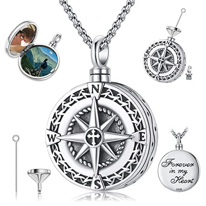 Compass Necklace for Women Men 925 Sterling Silver Pendant Urn Necklaces for Ashes Picture Locket Necklace Anchor Necklace Viking Necklace Crystals CZ Moonstone Abalone Shell Turquoise Compass Jewelry - color: T-N-Urn Necklace Holds Picture, style: Urn Ne