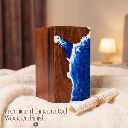 Handcrafted Rosewood Wooden Urn for Human or Pet Ashes – 11"x6"x6" Large Cremation Urn with Blue Resin Ocean Wave Inlay – Memorial Funeral Box for Adults up to 250 lbs - size: Large 250 cubic inches