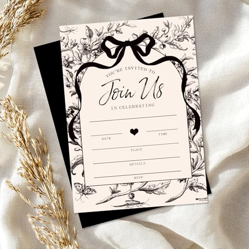 Whaline 25 Pack Black Bow Floral Invitations with Envelopes Stickers Vintage Bowknot Flower Invitation Cards Blank Invites for Coquette Celebration Party Supplies, 5 x 7 Inch