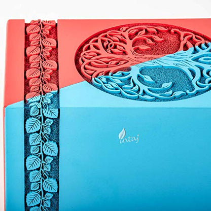 Wooden Cremation Urn for Human Ashes, 20 Cu in, Keepsake, Blue & Red | Hand-carved wood, blue and red, screw-locked sliding base, engraving available, holds a small share of ashes, to 20 lb - color: Blue & Red, size: Keepsake - 3.50Hx2.00W (6.50 Cu/In)