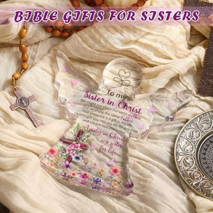 Gerrii Christian Gifts Women Angels Spiritual Desk Decor, Sister in Christ | Religious Plaque Bible Verse Gift for Her Mom Sister, Angel Sign Floral Acrylic Woman Decor, Christmas Holiday Birthday Gifts - style: Sister in Christian