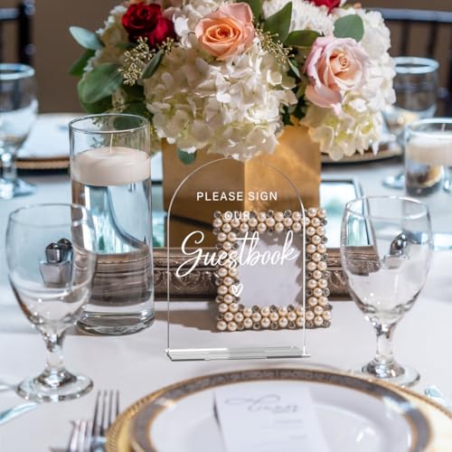 Acrylic Wedding Sign Please Sign Our Guestbook Wedding Signs for Ceremony Modern Calligraphy Arch Acrylic Table Top Sign for Wedding Reception and Event Party Table - color: Please Sign Our Guestbook