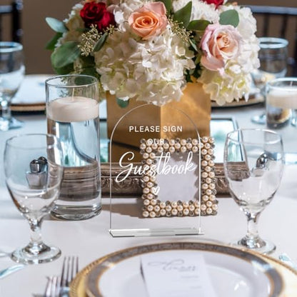 Acrylic Wedding Sign Please Sign Our Guestbook Wedding Signs for Ceremony Modern Calligraphy Arch Acrylic Table Top Sign for Wedding Reception and Event Party Table - color: Please Sign Our Guestbook