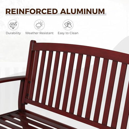 Grand patio 52" Farmhouse Outdoor Bench with Armrest, Red | Anti-rust Aluminum Frame, Faux Wood Grain Finish, for Front Porch, Yard, Park, Garden - color: Wine Red