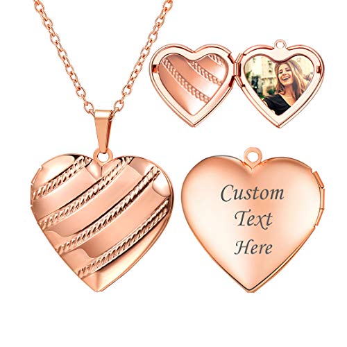 U7 Women Locket Necklace, Heart Photo Lockets Hold Picture, Gift Box Packed - color: 05# Rose Gold Stripe