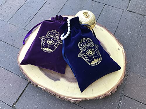 ARTSY CRAFTS 6x9" Hamsa Hand Velvet Jewelry Pouch Gift Bags, Fatima Hand Evil Eye Velvet Drawstring Oracle Tarot Card Rune bags Dice Bag (2pk Royal Blue) - color: 2pk Royal Blue