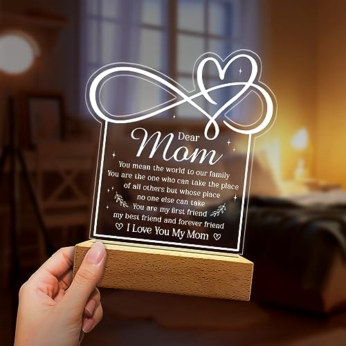 SANDJEST Acrylic Night Light Gift for Mom - Mother Night Light - You Mean The World to Our Family Night Lights Lamp Gift for Moms from Daughter Son on Birthday Christmas Valentines - color: Dear Mom