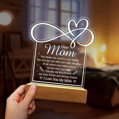 SANDJEST Acrylic Night Light Gift for Mom - Mother Night Light - You Mean The World to Our Family Night Lights Lamp Gift for Moms from Daughter Son on Birthday Christmas Valentines - color: Dear Mom