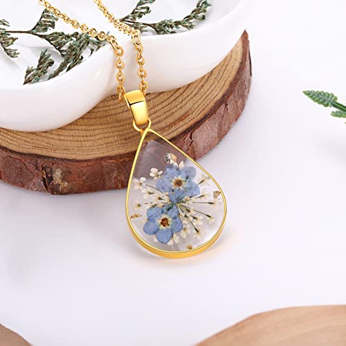 AUNTESIGN Forget-Me-Not and Queen Anne's Lace Pressed Wildflower Necklace | Birth Month Flowers Necklace | Gold/Silver Pressed Flower Jewelry | Mother's Day | Gift For Her - color: Teardrop Forget-Me-Not and Queen Anne's Lace Necklace