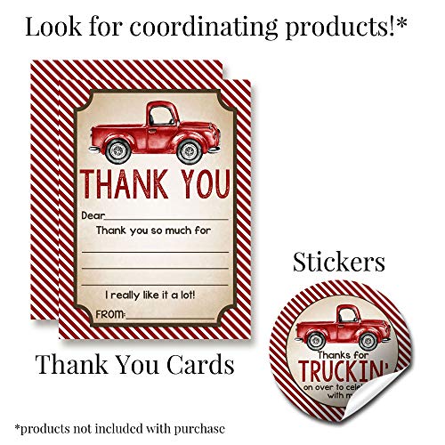 Watercolor Red Pick Up Truck Birthday Party Invitations for Boys, 20 5x7 Fill In Cards with Twenty White Envelopes by AmandaCreation - style: Watercolor Red Pick Up Truck