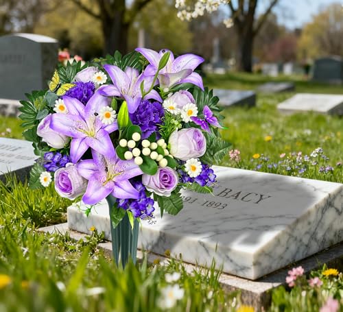 Artificial Cemetery Flowers – Vibrant Rose Carnation, Outdoor Grave Decorations - 1 Purple Gravesite Bouquet with Vase