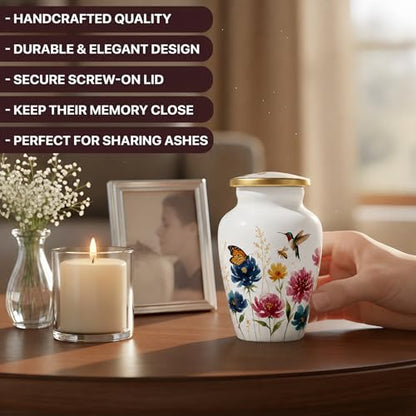White Flower Keepsake Mini Urn for Human Ashes Adult Male & Female Funeral & Cremation Small Urn for Human Ashes Keepsake & 1 Ash Necklace for Men & Women - color: White Flower Mini Keepsake