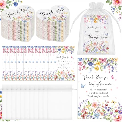 Crtiin 50 Sets Thank You Favors, Heart Shaped Wildflower Seed Paper with Thank You for Being Awesome Cards and Organza Bags, Appreciation Gifts for Teachers, Coworkers, Volunteers, Friends - style: Heart Shaped Thanks Theme