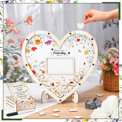 Chunful Hearts Guest Book Alternative with 100 Wooden Hearts Chips Box and Pen Brown Wooden Heart Picture Frame Rustic Guest Book Reception for Wedding Baby Shower Birthday Ceremony(Wildflower) | Drop Box with Photo Frame and Pen, Rustic Decor for Recepti