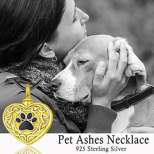 Dreamboat Pet Urn Necklace for Dog Cat Ashes 925 Sterling Silver Paw Print Cremation Keepsake Pendant Celtic Knot Memorial Jewelry Gifts for Women Men - style: 03C-Heart (Gold)