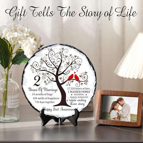 2nd Cotton Anniversary Slate Plaque - 2 Year Wedding Rock Sign - Traditional Second Marriage Celebration Gift for Husband Wife Couple - color: 2nd Wedding Anniversary