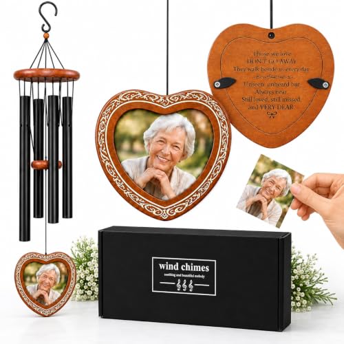 34 Inch Memorial Wind Chimes for Outside with Heart Photo Frame, Black - color: Black