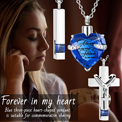 weikui 3 Pieces Heart Cross Cubic Urn Necklace for Ashes for Men Women Cremation Jewelry Crystal Memorial Locket Ashes Pendant Family Keepsake Sharing Jewelry Set - color: 3 Silver Pendants - Blue Custom