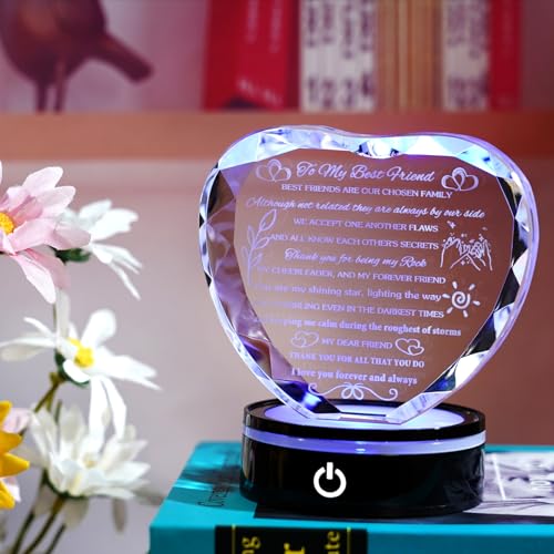 YWHL Best Friend Birthday Gifts with LED Base Crystal Heart Keepsakes Friendship Gifts for Women Best Gift Ideas for Bestie Friends Female BFF Gift for Her - style: Best Friend Gifts+LED Style 2