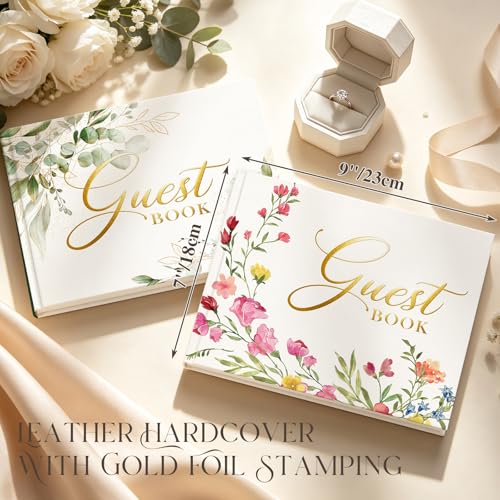 EVERLORIA Wedding Guest Book, 108 Blank Pages Guest Sign in Book, Leather Hardcover Signature Guestbook for Wedding Reception Bridal Baby Shower Anniversary Quinceanera Birthday Graduation - color: Floral E