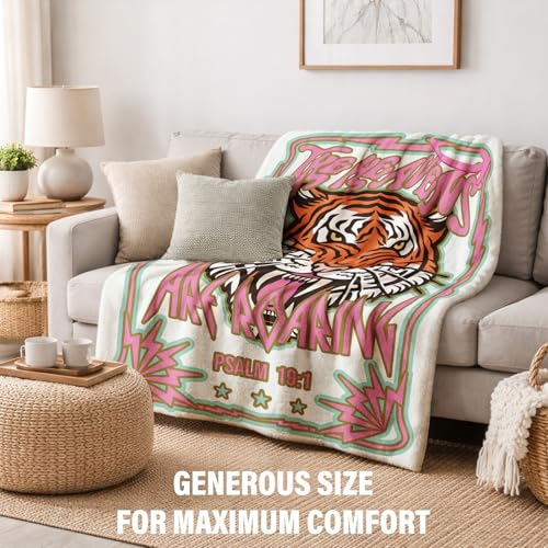 Christian Bible Verse Tiger Blanket 50x60 Inch, Christian Gifts | The Heavens Are Roaring Tiger Design, Soft Cozy Throw Blanket Gifts for Women - color: White-pink