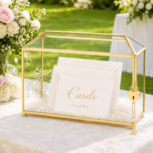 Glass Wedding Card Box with Slot and Lock, Gold Card Box 12.6" | Clear Brass Frame Card Box for Wedding Reception, Decorative Storage Box for Baby Shower, Birthday Party, Bridal Shower - size: 12.6" Gold without Arch