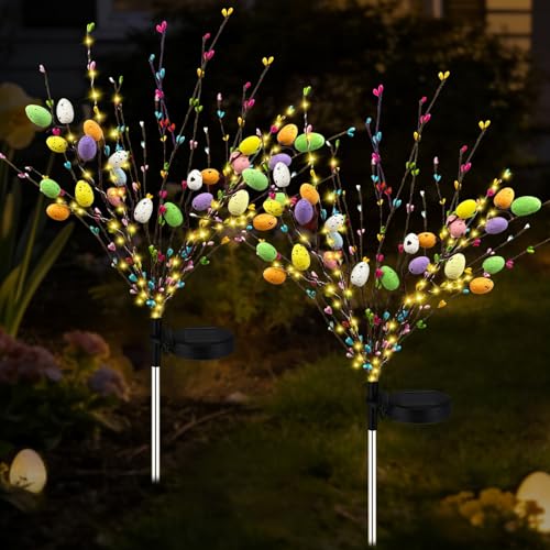 2 Pack Solar Easter Egg Lights Outdoor, 96 LED Waterproof Solar Easter Yard Decorations Outdoor Easters Yard Stakes Lights with 2 Lighting Modes for Outside Lawn Walkway Patio Cemetery Grave - color: 48 LED