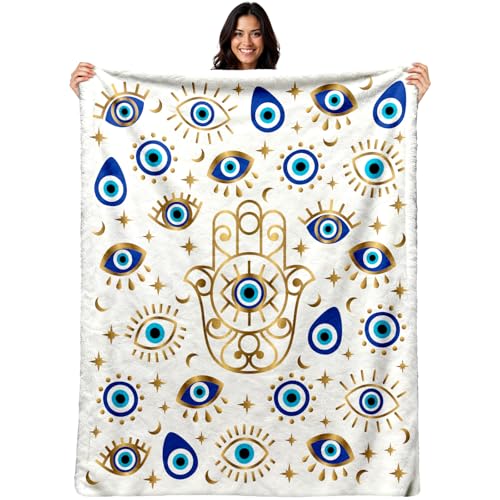 Evil Eye Fleece Flannel Blanket 50x60, Soft Lightweight Cozy Throw Blanket | Blue Evil Eye And Hamsa Hand Design For Home, Dorm, Meditation Rooms, Birthdays, Housewarmings And Spiritual Gifts - color: White